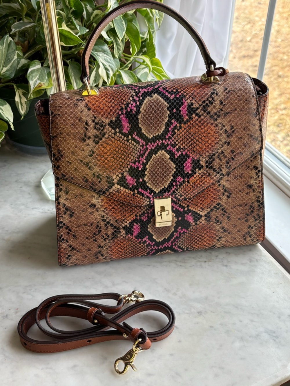 Brahmin Brown & Pink Python-Embossed Satchel with Gold Hardware - Picture 6 of 9